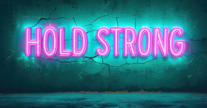 Naklejki Massive glowing hold strong sign in teal and pink neon with thick font on textured wall glowing cracks and dust highlights