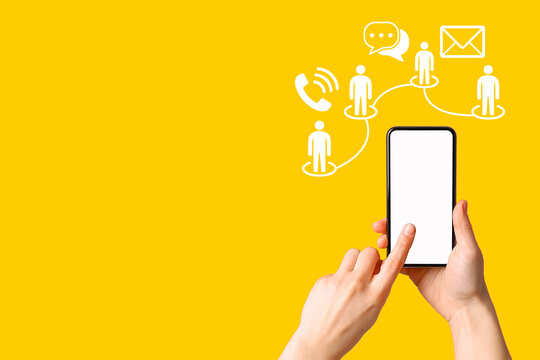 Hand holds a smartphone showing different communication methods on a bright backdrop