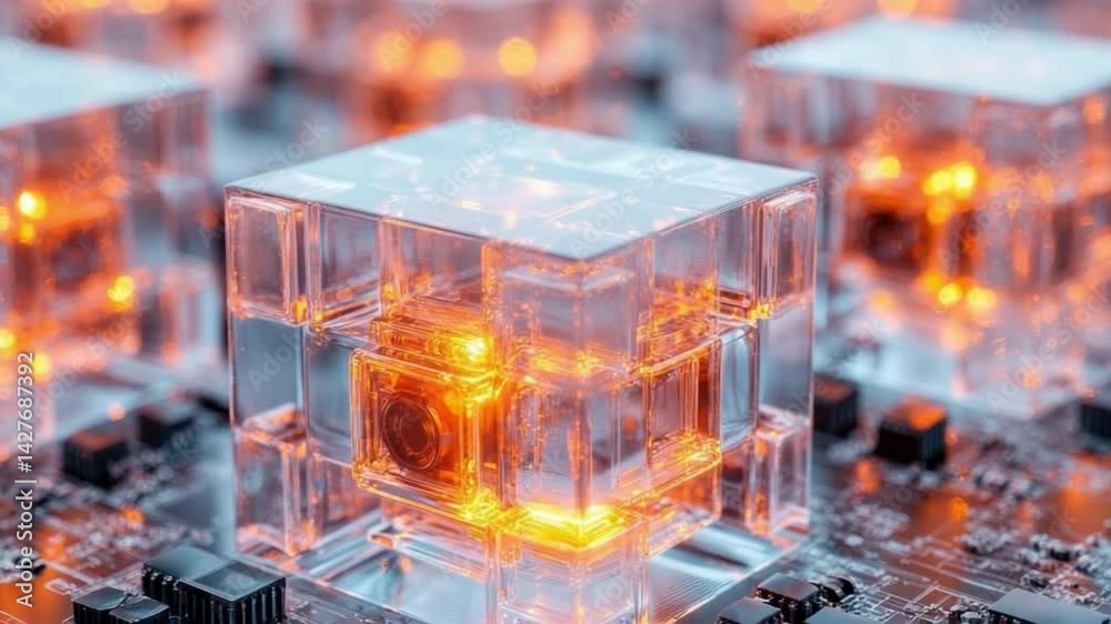 Aufkleber innovative quantum technology: a captivating glimpse into the future with a luminous crystal cube, s