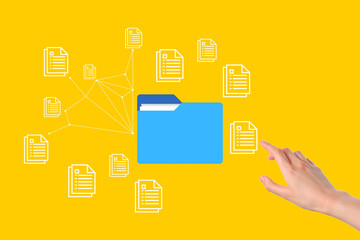 Hand reaches for a folder amid connected document icons on a yellow background