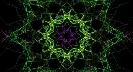 Luminous Neon Starburst: Fractal Geometry with Depth, Green and Purple Abstract Light Art on Dark Background - Modern, Futuristic, Vibrant Design