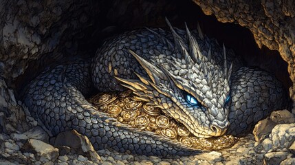 Naklejka premium A fierce black dragon with glowing orange eyes and fiery breath stands on a rugged