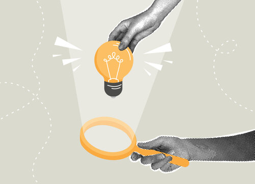 Trendy halftone collage. Idea and Analysis. Concept open business perspectives , advantages over competitors , intellectual information.