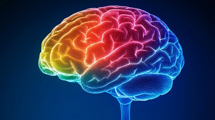 vibrant digital illustration of human brain with neural networks in rainbow colors for neuroscience and medical research
