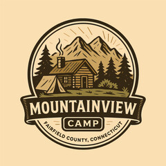 Obraz premium Cabin and Tent Camping in the Mountains Badge Retro Design