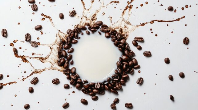 Coffee beans surrounding a splash of milk - Powered by Adobe