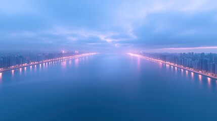 Obraz premium Misty city waterfront at dawn. Coastal skyline reflecting in tranquil waters. Early morning light