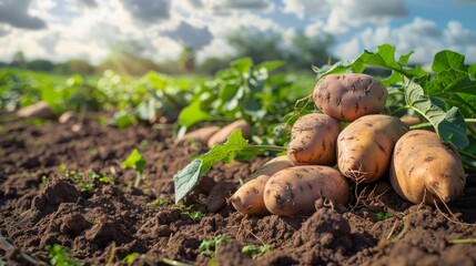 Sweet potato field on sunny day. Sweet Potato field. field. Sweet potato