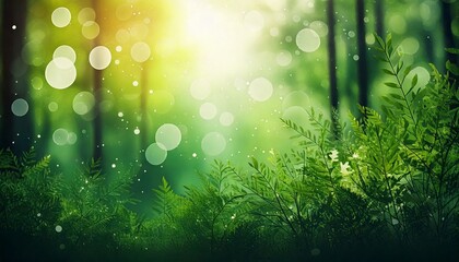 Obraz premium Lush green forest background with soft bokeh light effects and bright leaves.