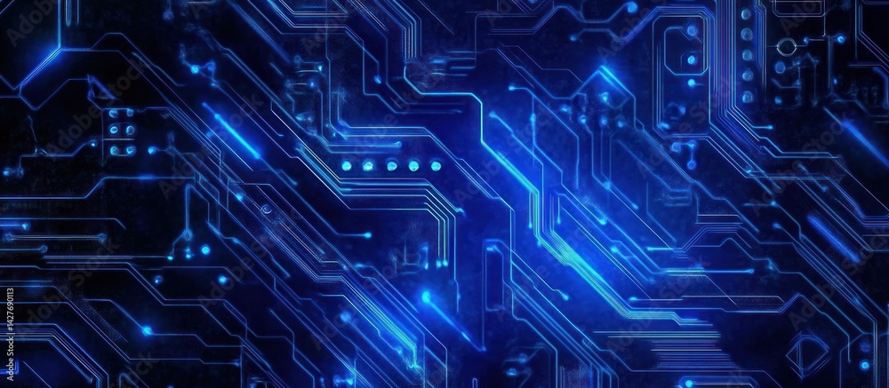 Poster digital circuit board design with glowing blue lines evoking future technology and artificial intell