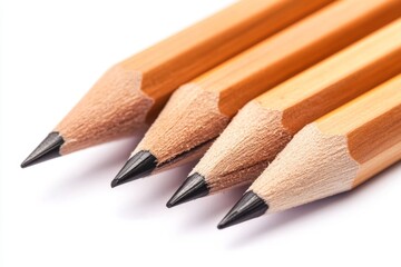 Close-up of four pencils.  Wooden shafts, dark graphite points