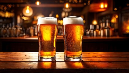 Cold amber beers in classic pint glasses on rustic counter with glowing pub background
