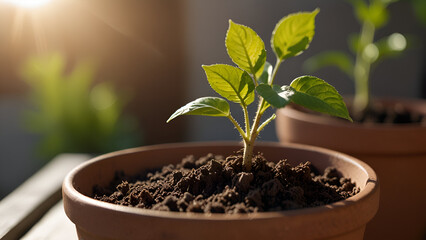 Small potted plant with vibrant green leaves sitting on a surface surrounded by scattered soil emphasizing growth nature gardening and environmental sustainability