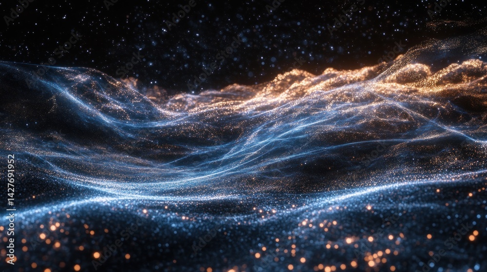 Poster Abstract digital landscape of luminous particles flowing in waves
