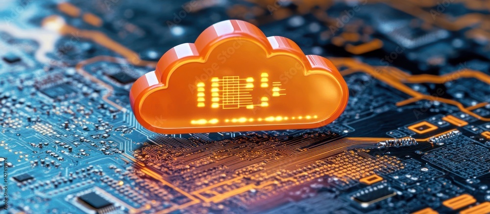 Poster illuminated cloud computing symbol highlighting data integration and digital transformation strategi