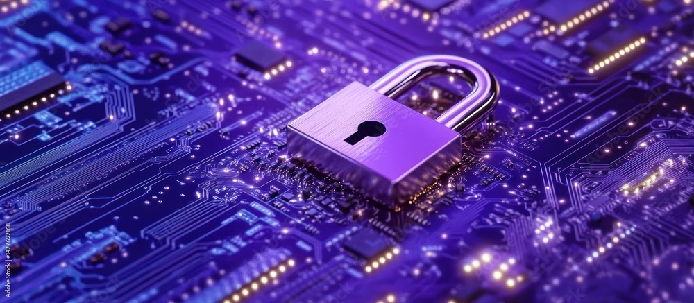 Poster the digital fortress a gleaming padlock amidst intricate circuit patterns embodying secure network a