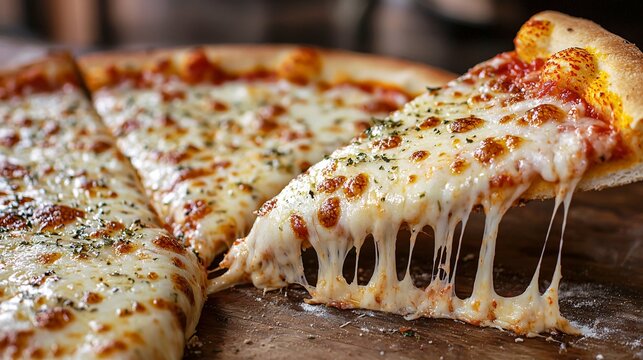 Celebrate National Pizza Party Day with mouthwatering close-ups of cheesy slices adorned with colorful toppings, all beautifully presented on a rustic wooden table. - Powered by Adobe