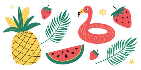 Summer Fruit Tropical Flamingo Float Palm Leaves Design Elements