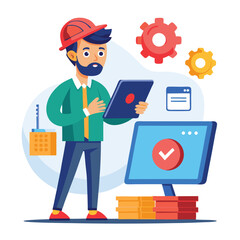 male engineer checks the program and discovers an error. Hand drawn style vector design illustrations vector