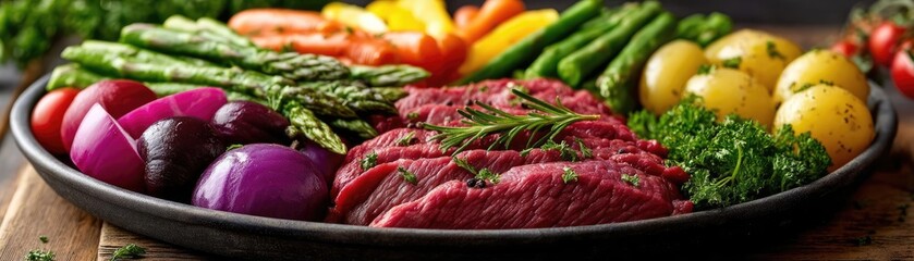 Panorama of fresh pet food in raw and uncooked concept. Fresh vegetables and seasoned meat prepared for a healthy meal.