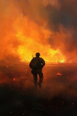 Person stands facing a large fire with smoke in a dark outdoor setting.