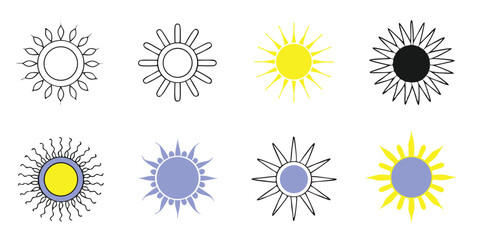 Collection of Eight Diverse Sun Icons in Various Styles and Colors for Design Projects