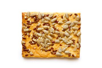 Rectangular cookies with seeds and grains close-up. Cookies on a white background.