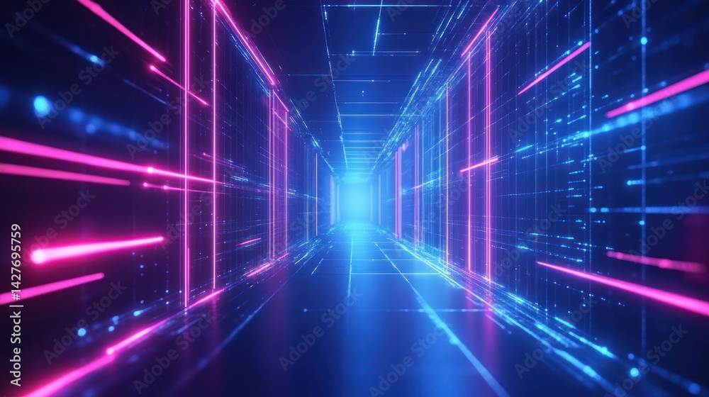 Poster futuristic data tunnel with vibrant neon light
