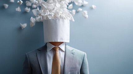 "Overwhelmed by Thoughts: A person obscured by a white paper container from which numerous paper pieces escape, evoking a feeling of cognitive overload, stress, or information overflow."