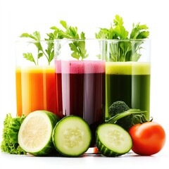 Glasses with fresh organic vegetable and fruit juices ,Glasses with fresh organic vegetable and fruit juices isolated on white background 