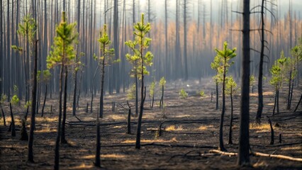 Obraz premium Animal Conservation Ecosystem Rehabilitation Concept, New growth emerges amidst the charred remains of a forest after a wildfire.