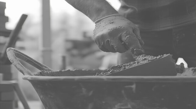 Construction Worker Mixing Cement in a Wheelbarrow