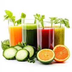Glasses with fresh organic vegetable and fruit juices ,Glasses with fresh organic vegetable and fruit juices isolated on white background 
