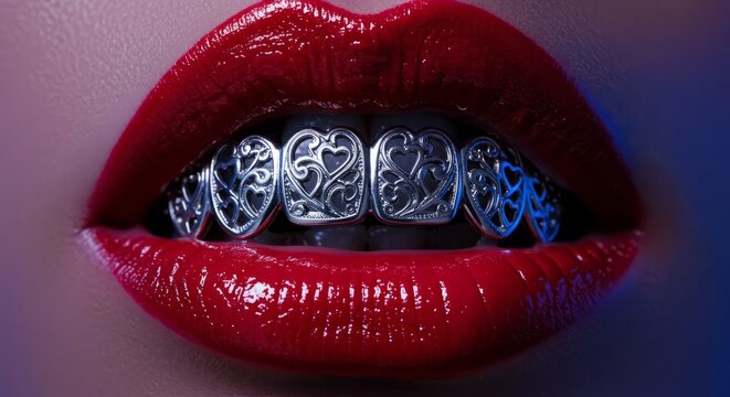 Close Up Teeth with Silver Teeth Grill