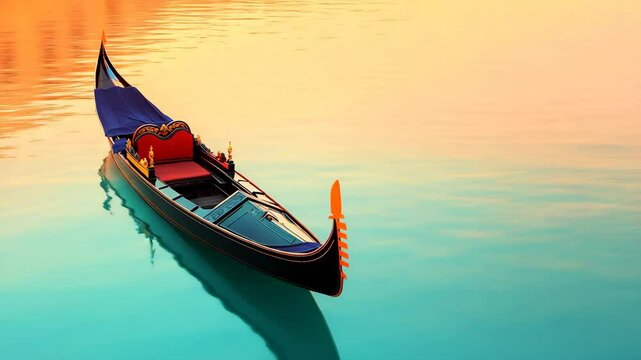 Venetian Gondola Serenity: An iconic Venetian gondola peacefully floats on tranquil waters, bathed in the soft hues of a breathtaking sunset. Embrace the timeless beauty of Venice.
