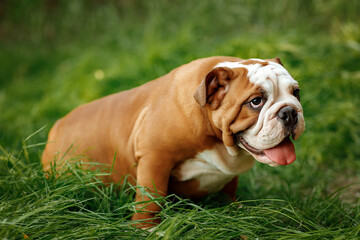 red and white English Bulldog lying on grass in park in sunny summer day, dog walking concept