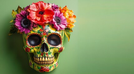 A vibrant decorated skull with colorful flowers on a light green background, perfect for Cinco de Mayo celebrations or themed events acknowledging life and death.