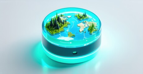 Futuristic neon teal and blue ai powered nature guide app icon with smart map and terrain scanner three dimensional glossy style round square shape modern app icon bold vibrant