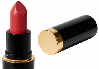 A close up of a red lipstick with a black and gold tube and a cap lying next to it on white surface