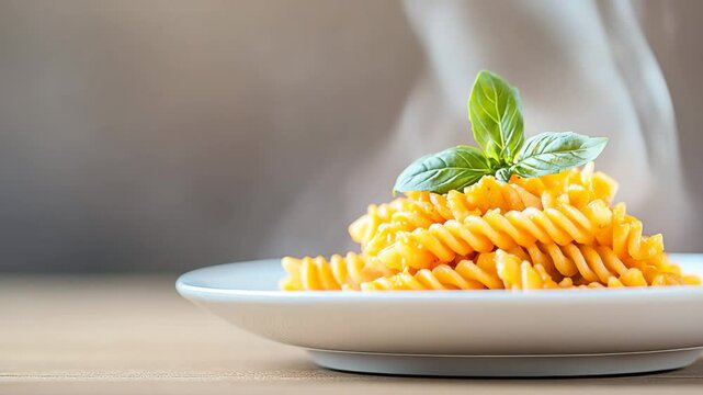 Pasta Perfection: A steaming plate of perfectly cooked fusilli pasta is crowned with fresh basil, steam softly rising. Delicious dish for foodies. 