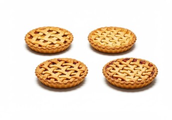 Four small apple pies with lattice crusts arranged on a plain white surface in a square formation