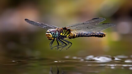 Naklejka premium Dragonfly in flight over calm water nature photography serene environment close-up view for wildlife enthusiasts