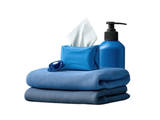 Set of Baby Care Essentials – Wipes, Lotion Bottle, Pacifier, and Blue Blanket – Isolated on Transparent Background