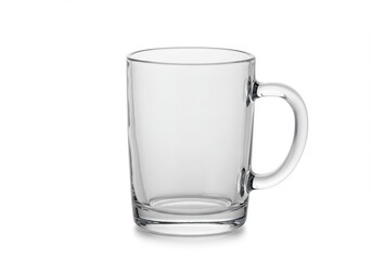 A clear glass mug with a handle on a white background in a studio setting with soft lighting