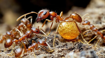 Ants collaborate to transport food forest floor nature photography close-up macro view teamwork in action