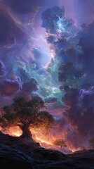 Obraz premium Dramatic sky with dark clouds and a tree silhouette at the bottom.