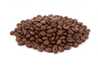 A pile of roasted coffee beans displayed on a white background in a close up studio shot view image