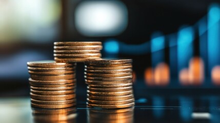 Stacked gold coins against a blurred financial chart background