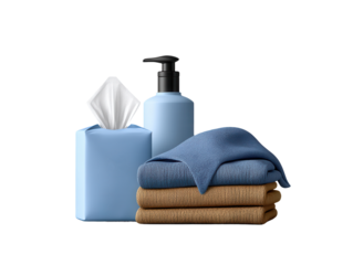 Set of Baby Care Essentials – Wipes, Lotion Bottle, Pacifier, and Blue Blanket – Isolated on Transparent Background