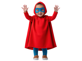 Joyful Baby in Red Superhero Costume with Blue Mask – Toddler Dress-Up Fun – Isolated on Transparent Background